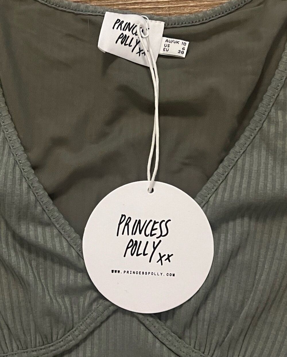Princess Polly Indiana Sage Green Ribbed Cinched Bust Mini Dress NWT US 6 - Picture 3 of 3
